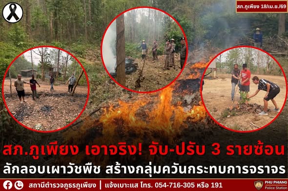 🚨สภ.ภูเพียง เอาจริง! จับ-ปรับ 3 รายซ้อน ลักลอบเผาวัชพืช สร้างกลุ่มควันกระทบการจราจร🚥🚫